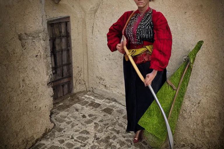 Image similar to romanian woman with scythe, drmatic ligthing, traditional romanian clothes