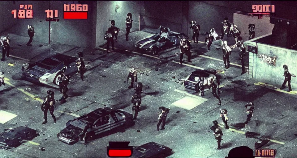 Image similar to 1988 Video Game Screenshot of Neo-tokyo Cyborg bank robbers vs police, Set inside of Parking Garage, Dark, Multiplayer set-piece Ambush, Tactical Squads :10, Police officers under heavy fire, Suppressive fire, Pinned down, Destructible Environments, Gunshots, Headshot, Bullet Holes and Anime Blood Splatter, :10 Gas Grenades, Riot Shields, MP5, AK45, MP7, P90, Chaos, Anime Machine Gun Fire, Gunplay, Shootout, :14 FLCL + Jet Grind Radio, Cel-Shaded:17, Created by Katsuhiro Otomo + Hideo Kojima + Arc System Works: 20