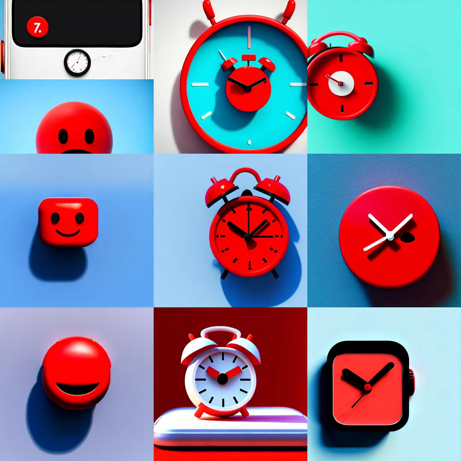 Image similar to Very tiny red alarm clock that looks like the iOS emoji and has the same colors, 3D clay render, 4k UHD, white background, isometric top down left view, diffuse lighting, zoomed out very far