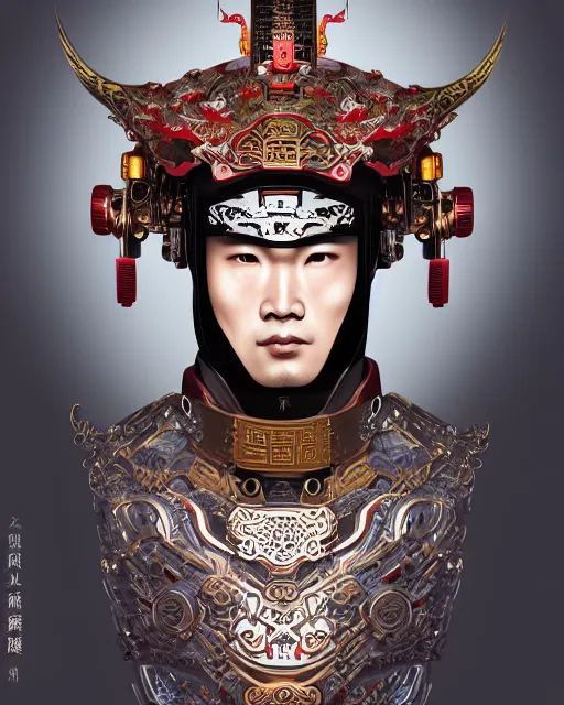 Image similar to portrait of a chinese masculine male cyberpunk machine, machine face, upper half portrait, decorated with chinese opera motifs, muscular, asian, fine china, wuxia, traditional chinese art intricate intense elegant 京 剧 highly detailed symmetry headpiece digital painting artstation concept art smooth sharp focus illustration, art by artgerm and greg rutkowski alphonse mucha 8 k