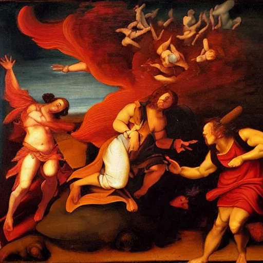 Image similar to Renaissance painting of souls falling from a red cloud into a fiery pit with satan in the middle. dark colors.