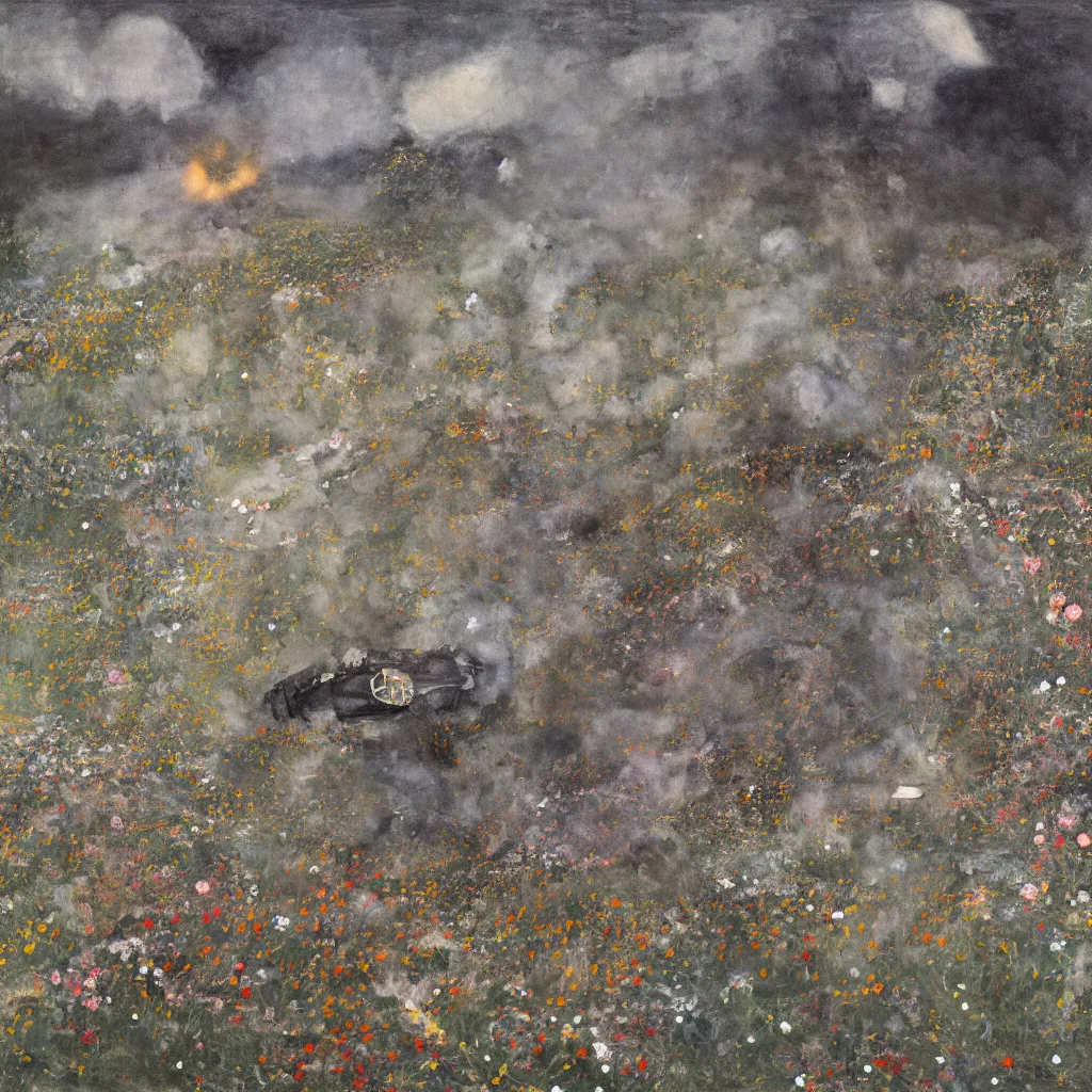 Prompt: wreckage of a crashed spaceship in a field of wildflowers, fire and smoke, moody lighting, low angle, wide angle, close-up, by Hilma af Klint and Kazimir Malevich