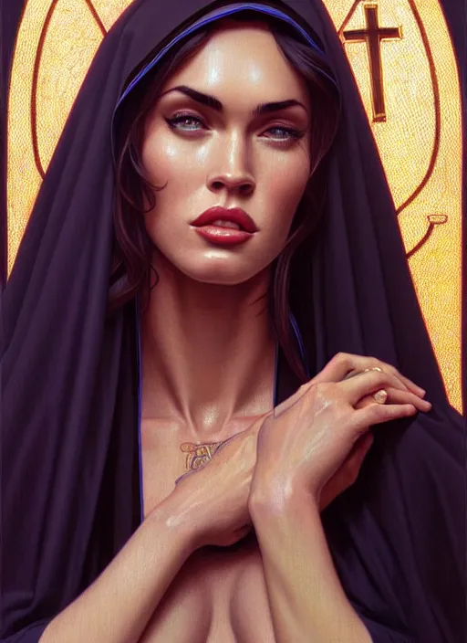 Image similar to portrait of megan fox as a sultry nun, catholic, church, bible, christian, intrigante, headshot, highly detailed, digital painting, artstation, concept art, sharp focus, cinematic lighting, illustration, art by artgerm and greg rutkowski, alphonse mucha, cgsociety