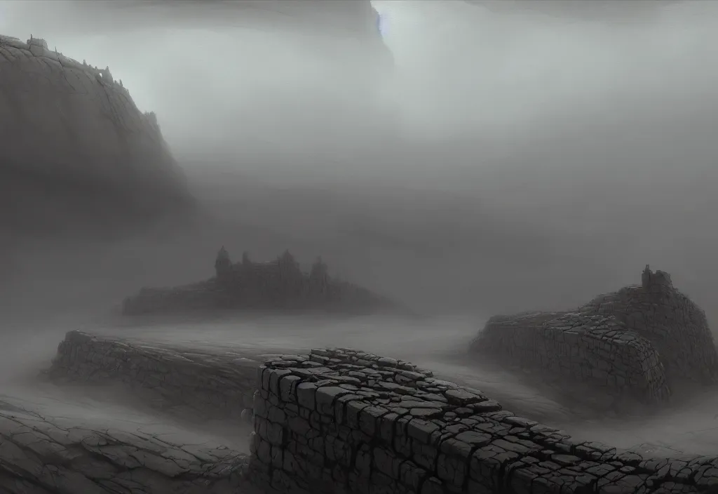 Prompt: The landscape of a gray wasteland with gray dry land, enclosed in incredibly gigantic enormous smoothed stone walls. The walls are so far apart that they disappear over the horizon. Art by Finnian MacManus, Simon Stalenhag, Arthur Rackham. Fog, masterpiece, fantasy art, cinematic, hyperdetailed, photorealistic, hyperrealism, octane rendering, 8k, aerial view