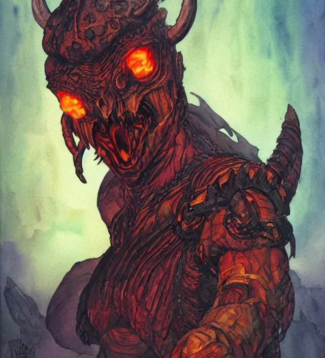 Prompt: a 3 / 4 view watercolor ink painting of a humanoid demonic glowing deathclaw dressed as a raider in the style of jean giraud in the style of moebius trending on artstation deviantart pinterest detailed realistic hd 8 k high resolution