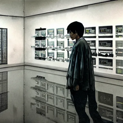 Image similar to portrait of lain iwakura connected to a room full of cables computers and displays by ruan jia and joao ruas. atmospheric