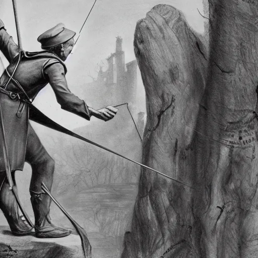 Image similar to Robin hood close-up, drawing an arrow from his quiver, matte painting