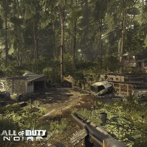 Image similar to screenshot of a new Call of Duty multiplayer map, an aircraft hangar overgrown with vegetation, debris scattered throughout, forest, dramatic lighting, cinematic, Unreal Engine, 8k, render