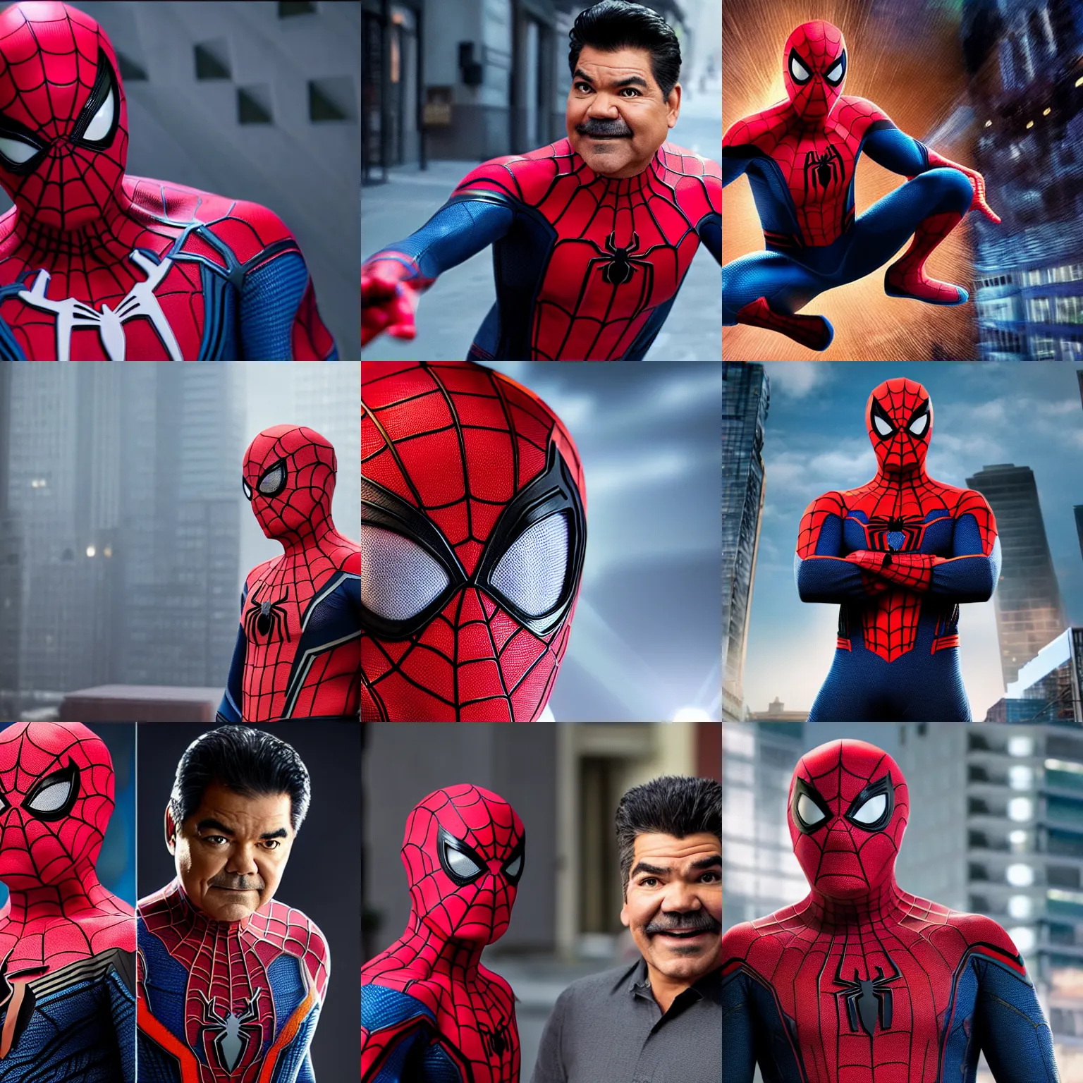 Prompt: George Lopez as Spider-Man with no mask, detailed, portrait photograph, 8k hdr movie still, dynamic lighting