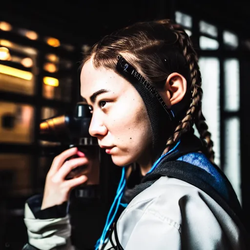 Image similar to candid photographic portrait of a techwear mixed young woman inside a hidden busy speakeasy, closeup, sigma 85mm f/1.4, 4k, depth of field, high resolution, 4k, 8k, hd, full color