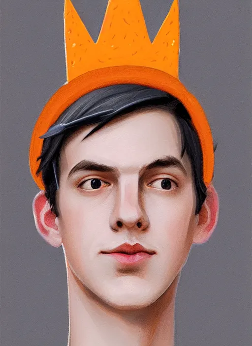 Image similar to portrait of teenage jughead jones wearing a light grey crown, symmetrical crown, hamburger background, eyes closed, crown, black hair, orange, intricate, elegant, glowing lights, warm lighting, highly detailed, digital painting, artstation, concept art, smooth, sharp focus, illustration, art by wlop, mars ravelo and greg rutkowski