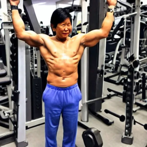 Prompt: bongbong marcos as gigachad flexing at the gym, muscular, on steroids,