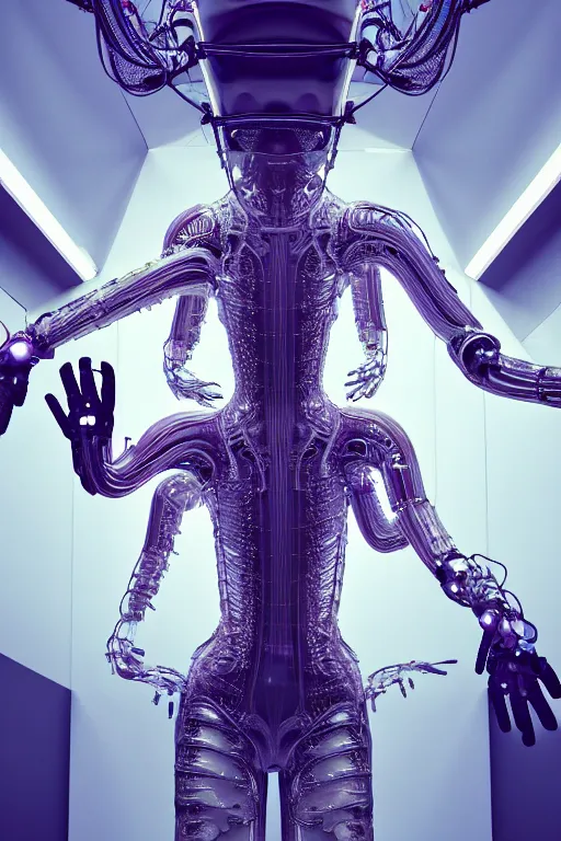 Image similar to background space station, baroque dress iris van herpen positing on floor, perfect symmetrical, full body shot, helmet on face, inflateble shapes, wires, tubes, veins, jellyfish, white biomechanical details, wearing epic bionic implants, masterpiece, intricate, biopunk, vogue, highly detailed, artstation, concept art, cyberpunk