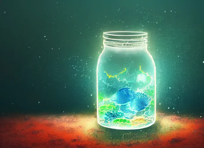 Prompt: bioluminescent neurons floating jar of broken glass with a dramatic turbulent ocean, squid swimming in the ocean, concept artists, backlit, dark background, intricate, indie studio, realistic, rim lighting, flourecent colors, emotional, sketch, realistic, whimsical, noise, stippling