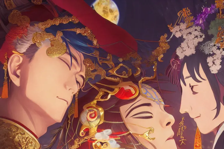 Image similar to close up moment of a divine a japan sun god and a moon goddess lovers magician at a wedding banquet, highly detailed, genshin, fantasy, 4 k realistic, digital painting, trending on artstation, concept art, sharp focus, illustration, art by makoto shinkai and akihiko yoshida and daniel gerhartz