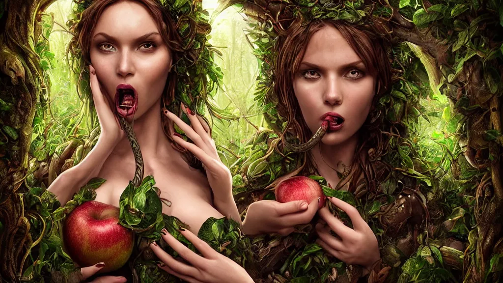 Image similar to portrait high definition photograph beautiful woman with a snake tongue licking an apple fantasy character art, hyper realistic, pretty face, hyperrealism, iridescence water elemental, snake skin armor forest dryad, woody foliage, 8 k dop dof hdr fantasy character art, by aleski briclot and alexander'hollllow'fedosav and laura zalenga