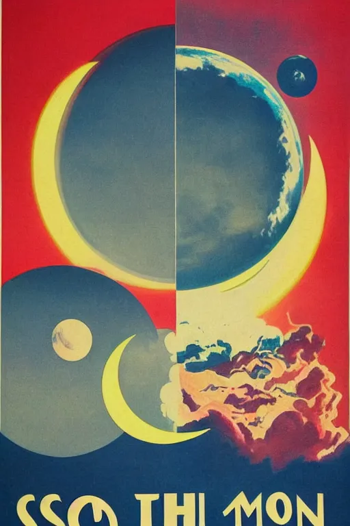 Image similar to poster of the sun and the moon, 1 9 5 0 s style, futuristic design, dark, symmetrical, washed out color, centered, art deco, 1 9 5 0's futuristic, glowing highlights, intense