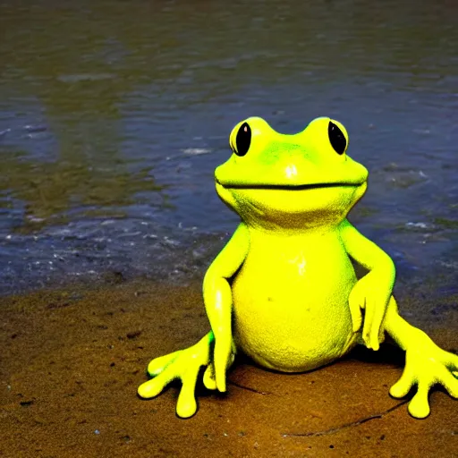 Image similar to anthropomorphic frog urinating into yellow ocean