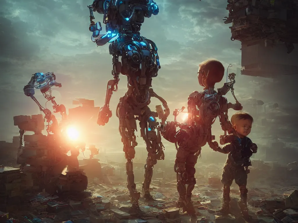 Image similar to A beautiful cyborg baby sitter, collecting books with multiple arms, hyperealistic colourful hdr , beautiful volumetric lighting, epic light, artstation, magic hour lighting, cgi render photorealistic cinematic octane render