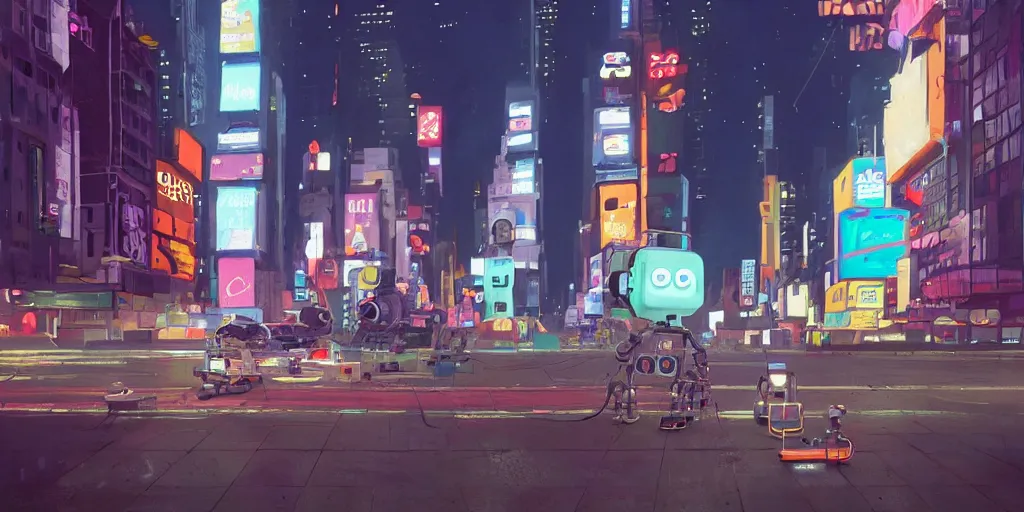Prompt: cute cartoon robot in Times Square at night by Goro Fujita and Simon Stalenhag , 8k, trending on artstation, hyper detailed, cinematic