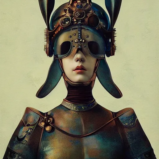 Image similar to ilya kuvshinov tom bagshaw, curiosities carnival, soft paint of a single bald beautiful female in a full steampunk armor, rabbit - ear helm, symmetry accurate features, focus, very intricate ultrafine details, award winning masterpiece