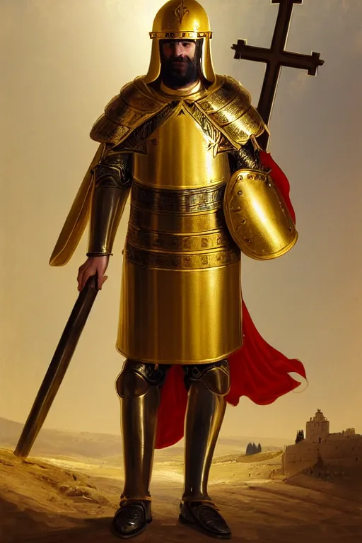 Prompt: man looking forward in decorated with gold baroque style christian crusader armor, cylindrical helmet covering all his face with golden cross on front it's front end and white cape covering half of his body standing at the gates of jerusalem drawn by greg rutkowski realistic high detail