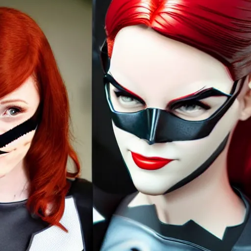 Prompt: Barbara Gordon with her Batgirl mask off gorgeous face and dark red hair with her Superhero outfit half unzipped 8k ultra realistic