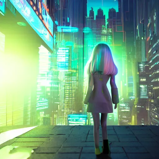 Prompt: cute fumo plush of a glowing green cyberspace hologram girl projected into a cyberpunk city, lens flare, vfx reel, vray
