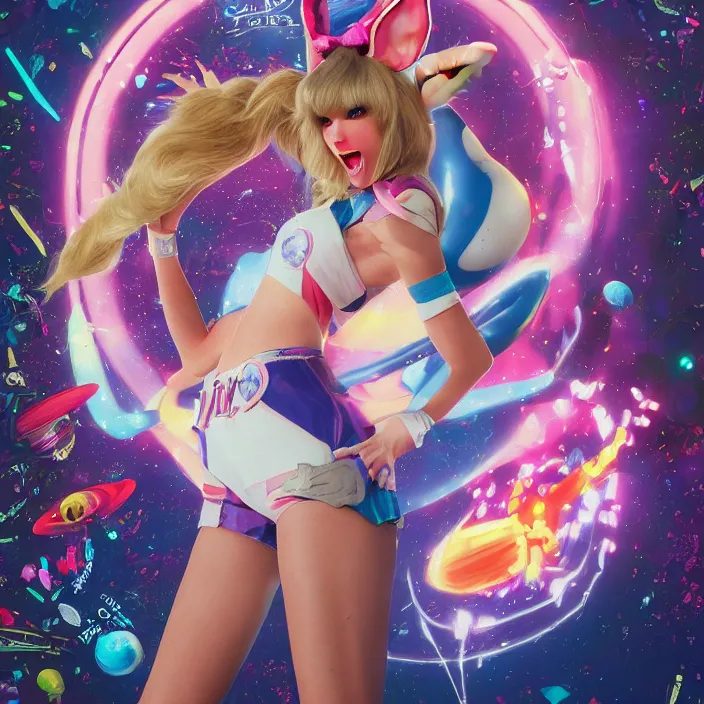 Image similar to portrait of Taylor Swift as Lola Bunny in Space Jam 1996. bunny ears. intricate artwork. by Tooth Wu, wlop, beeple, dan mumford. octane render, trending on artstation, greg rutkowski very coherent symmetrical artwork. cinematic, hyper realism, high detail, octane render, 8k, iridescent accents