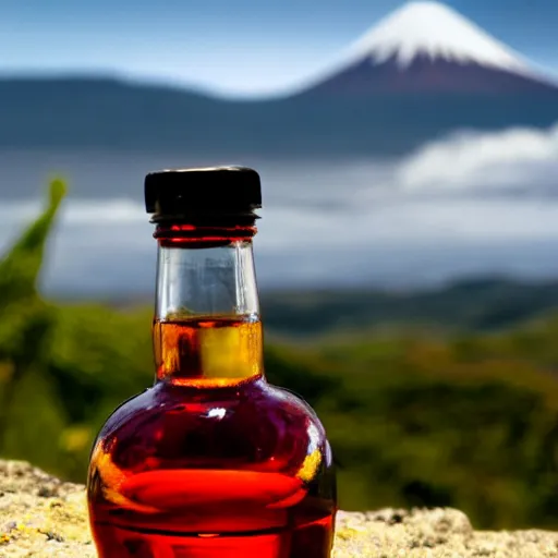 Image similar to symmetrical photo of small bottle standing, volcano background