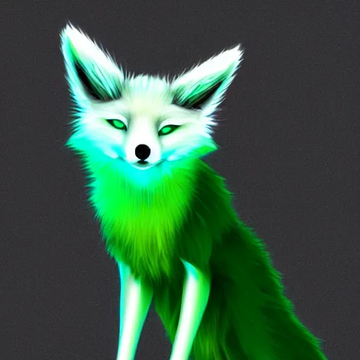 Prompt: digital green white wreen white green green fox, retrowave palette, digital world, highly detailed, electric breeze, anatomically correct vulpine, synth feel, fluffy face, ear floof, flowing fur, super realism, accurate animal imagery, 4 k digital art