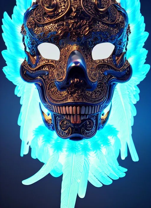 Image similar to 3 d venetian mask portrait, sigma 5 0 0 mm f / 5. beautiful intricate highly detailed quetzalcoatl skull and feathers. bioluminescent, plasma, lava, ice, water, wind, creature, thunderstorm! artwork by tooth wu and wlop and beeple and greg rutkowski, 8 k trending on artstation,