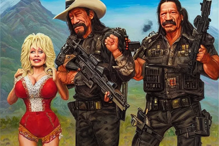 Image similar to portrait of dolly parton and danny trejo with guns fighting a drug cartel, an oil painting by ross tran and thomas kincade