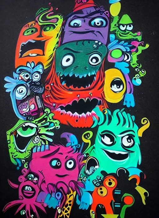 Image similar to beautiful graffiti monsters on black background paper