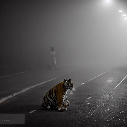 Prompt: DSLR photograph, magazine cover photograph of a tiger smoking a cigarette in Dhaka at night, foggy