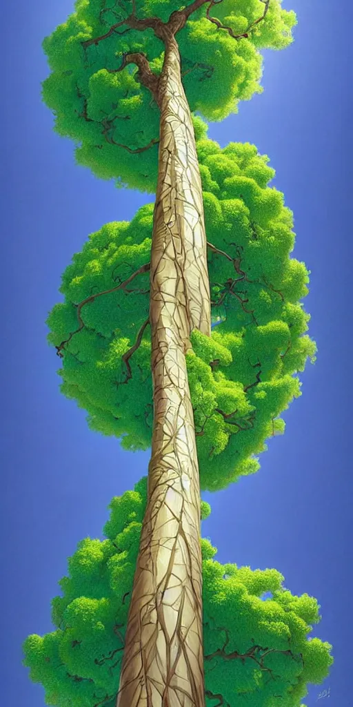 Prompt: a thin tree with an extremely long trunk and spherical canopy, viewed from below, perspective, fantasy digital painting by artgerm and leyendecker, surreal, photorealistic