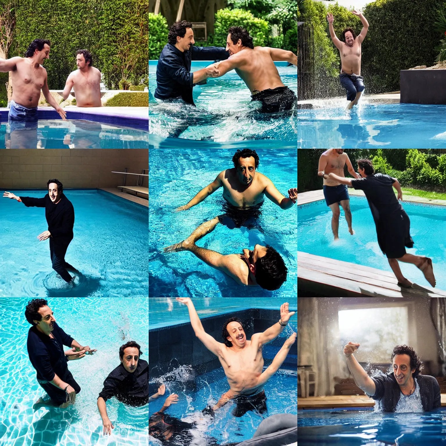 Prompt: Alexandre Astier throwing Gad Elmaleh in a pool, fully clothed, wide angle, photograph