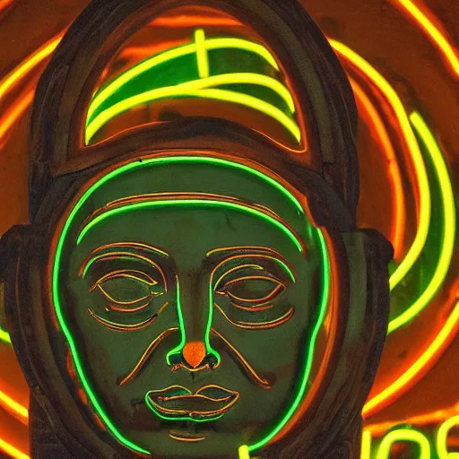 Image similar to a neon ring surrounding a renaissance statue head