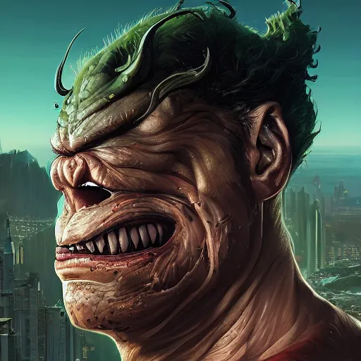 Image similar to highly detailed portrait symbiote venong merged with hulk gta v, stephen bliss, unreal engine, fantasy art by greg rutkowski, loish, rhads, ferdinand knab, makoto shinkai and lois van baarle, ilya kuvshinov, rossdraws, tom bagshaw, global illumination, radiant light, detailed and intricate environment