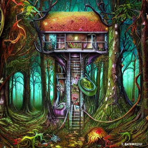 Prompt: sticker of a home in the forest, highly detailed, trippy colors, exaggerated details, psychedelic mushrooms, by lise deharme