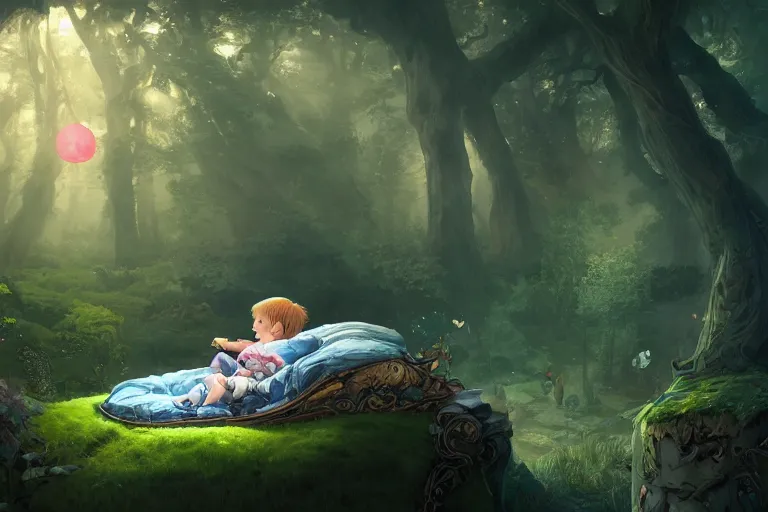 Prompt: a beautiful illustration of a little cute boy in his bed dreaming about a beautiful green forest, fantasy, intricate, epic lighting, cinematic composition, hyper realistic, 8 k resolution, unreal engine 5, by artgerm, tooth wu, dan mumford, beeple, wlop, rossdraws, james jean, marc simonetti, artstation