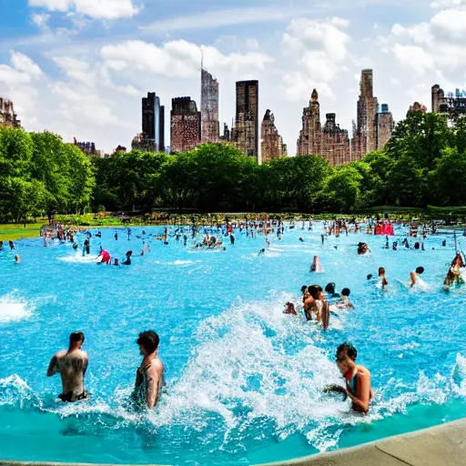 Prompt: photo of a large water park inside of central park. the new york city skyline is shown in the background.