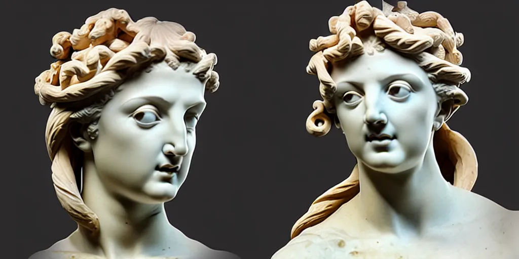 Image similar to greek sculpture, bust, flawless beauty, young woman as medusa