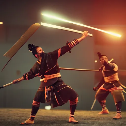 Image similar to 8 k hd detailed octane render of a samurai training session