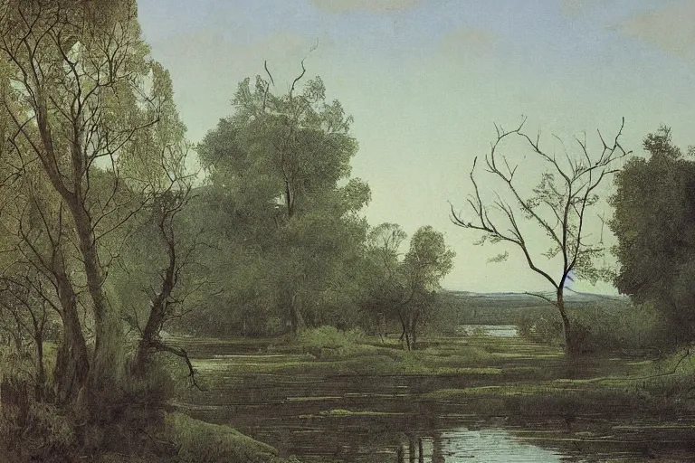 Image similar to painting of a old tree next to a meandering river by alexei savrasov