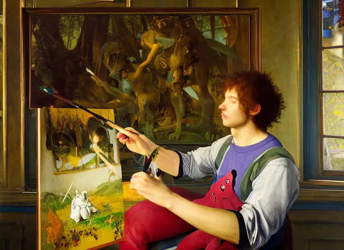 Image similar to a young painter in his studio painting a picture of a colourful pokemon, by edgar maxence and caravaggio and michael whelan and delacroix style, artistic, intricate drawing, cinematic lighting, hyper realistic, extremely detailed, establishing shot, 8 k resolution, dramatic lighting