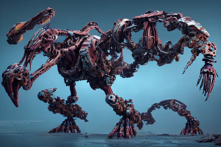 Image similar to a hyper detailed fanghorn evangelion realistic mechanical and organic creature similar look as horizon forbidden west horizon zero dawn, bioluminiscence in a dark deep forest at dawn in spring, with reflection and textures, by kilian eng, substance painter reaslitic mech surface metal painted scratches,