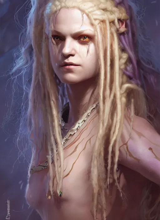 Image similar to fantasy changeling girl with blonde dreadlocks revealing her true nature, evil eyes, dim light, front game card, marvel comics, dark, intricate, highly detailed, smooth, artstation, digital illustration by ruan jia and mandy jurgens and artgerm and wayne barlowe and greg rutkowski and zdislav beksinski