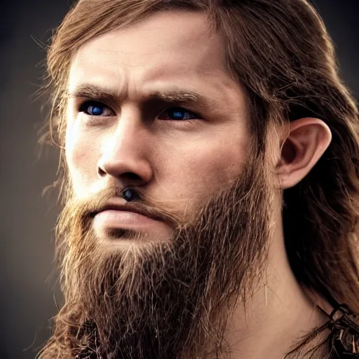 Prompt: hyperrealistic photograph of a brown-haired viking high-class wood elf, 8k, profile picture, cinematic, high contrast, epic real fantasy, stoic facial expression, looking at the camera
