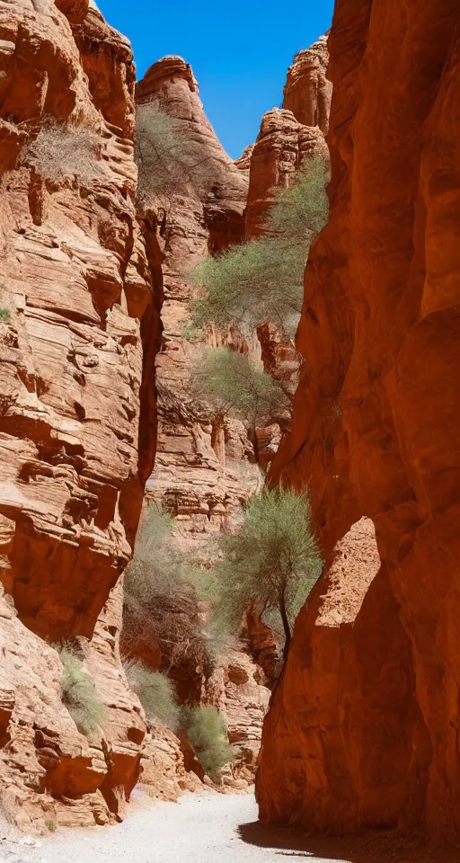 Prompt: narrow canyon in a desert, filled with flowers, caravan traders walking through on camels